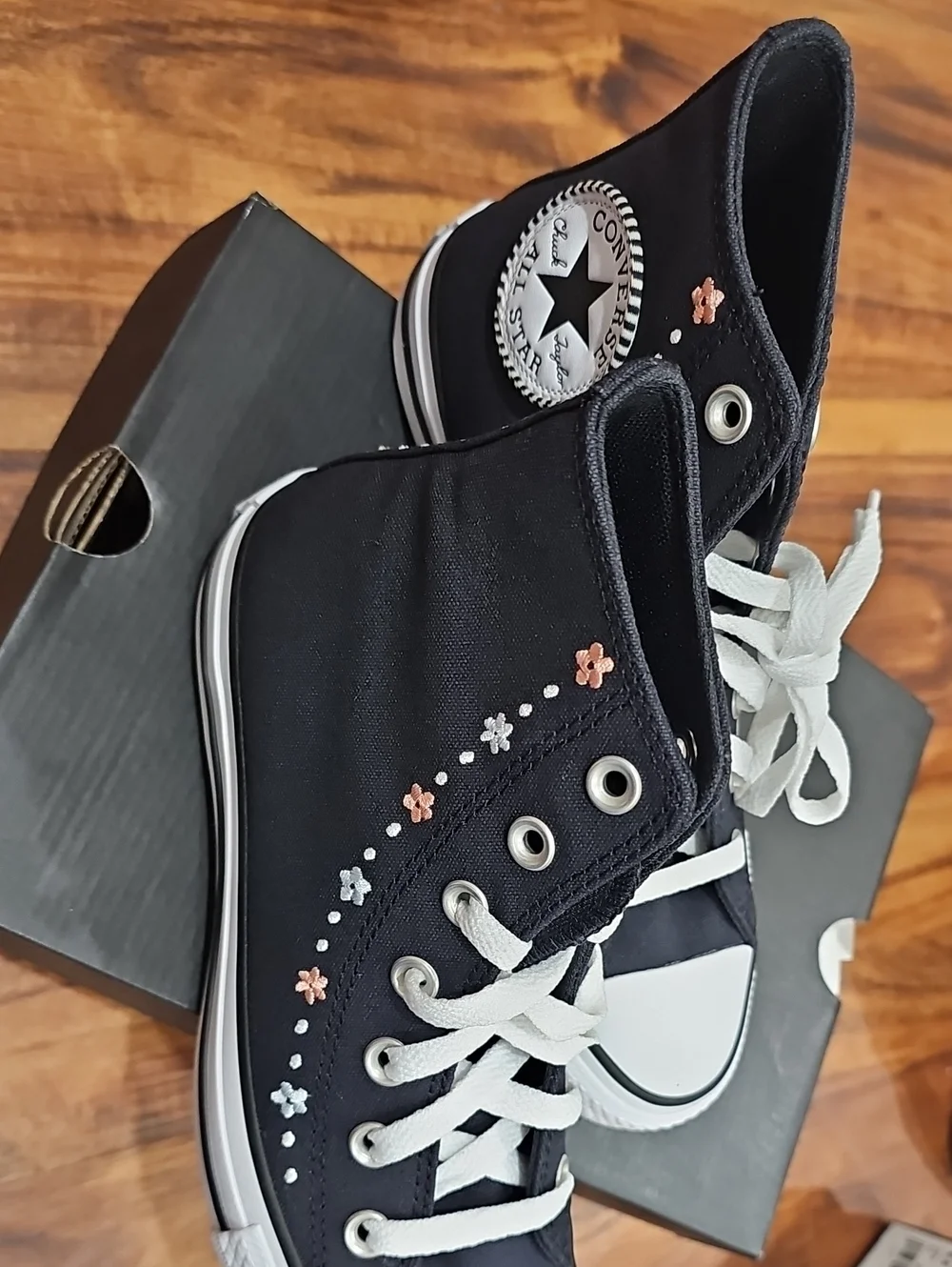 Converse Black High-Top Sneakers with Pink & White Floral Accents - Picture 1 of 7